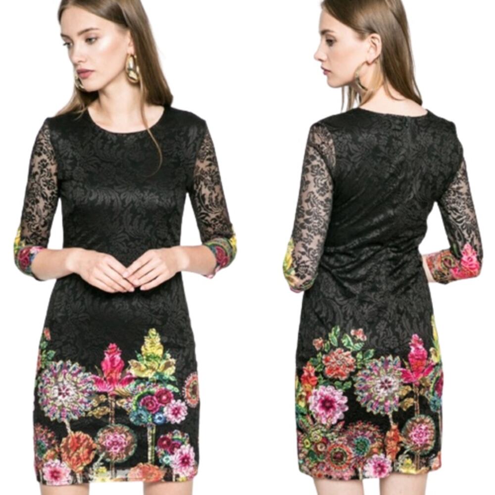 NWT Desigual Chipi Sheath Dress Black Floral Print Lace Short Sleeves Size 38/4